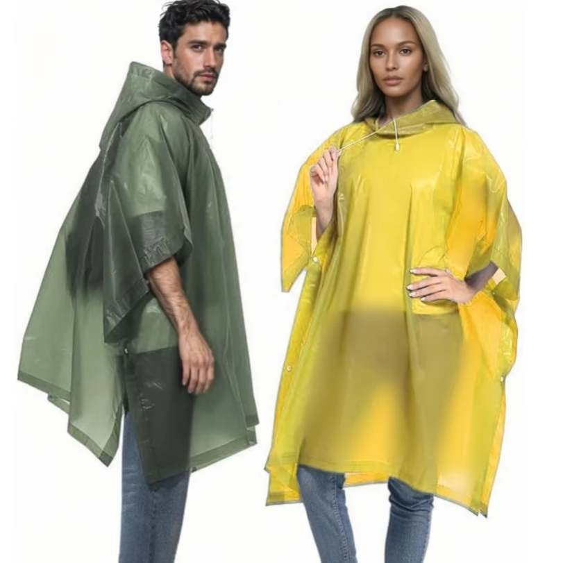 Camping Rain Poncho - Imperméable réutilisable avec capuche à cordon